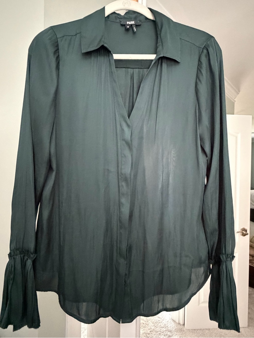 PAIGE Dark Spruce Satin Long Sleeve Blouse Top Size M